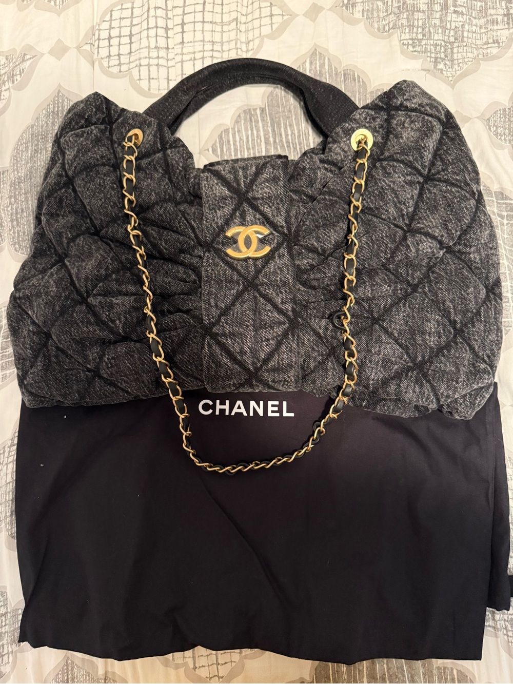 Chanel Black Denim Maxi Bow Bag